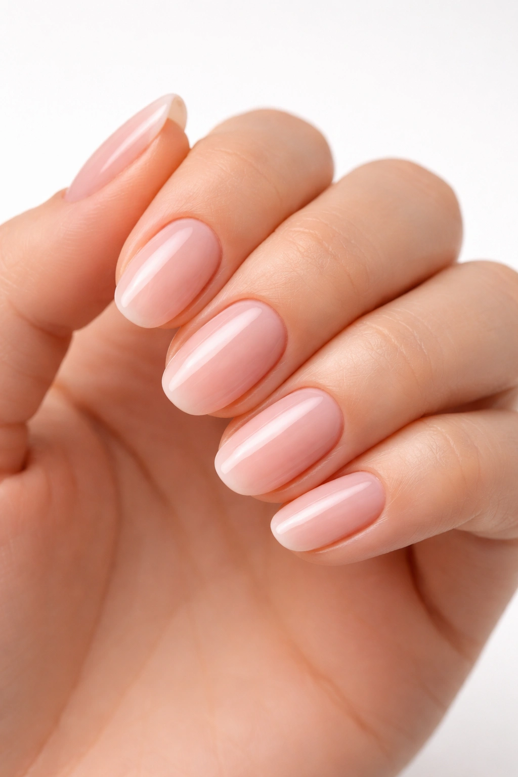 Close-up of hand wearing press-on nails with a natural look