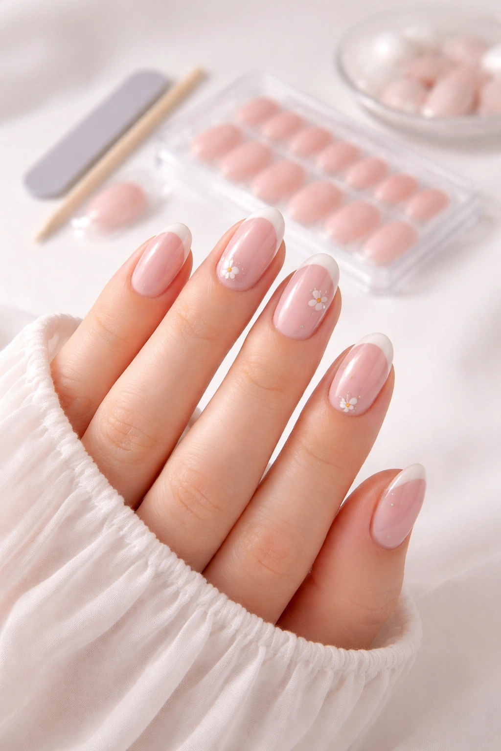 Close-up of small hand with well-fitting press-on nails in varied petite sizes