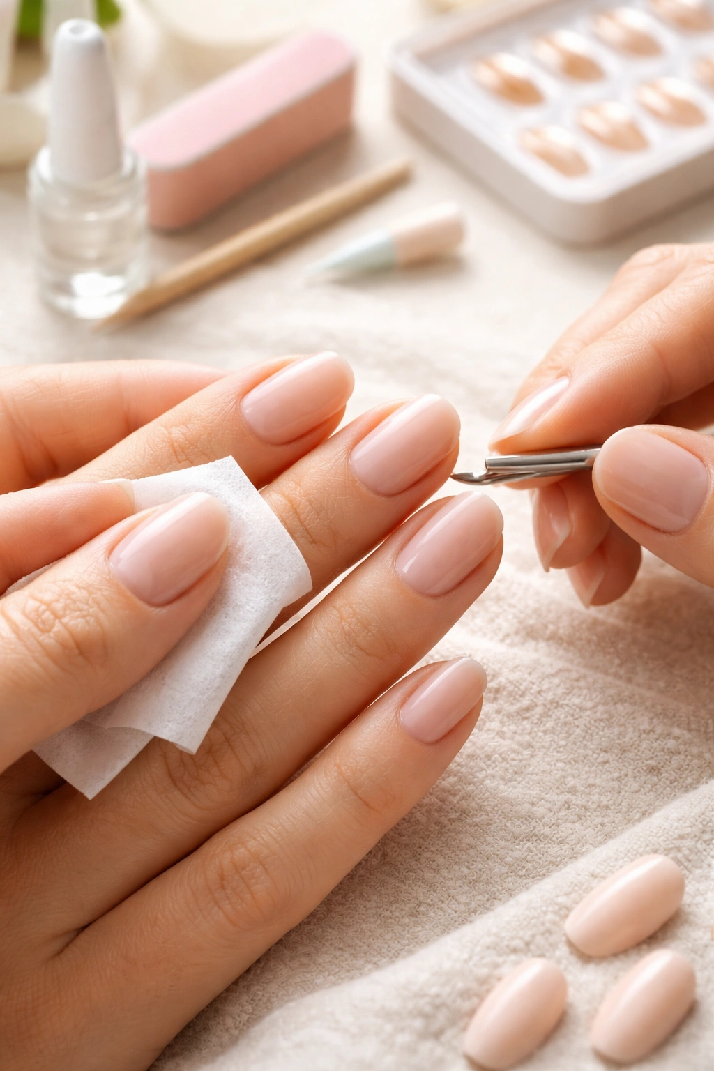 Hand with short almond nails during prep: wipe, push back cuticles, clean nails