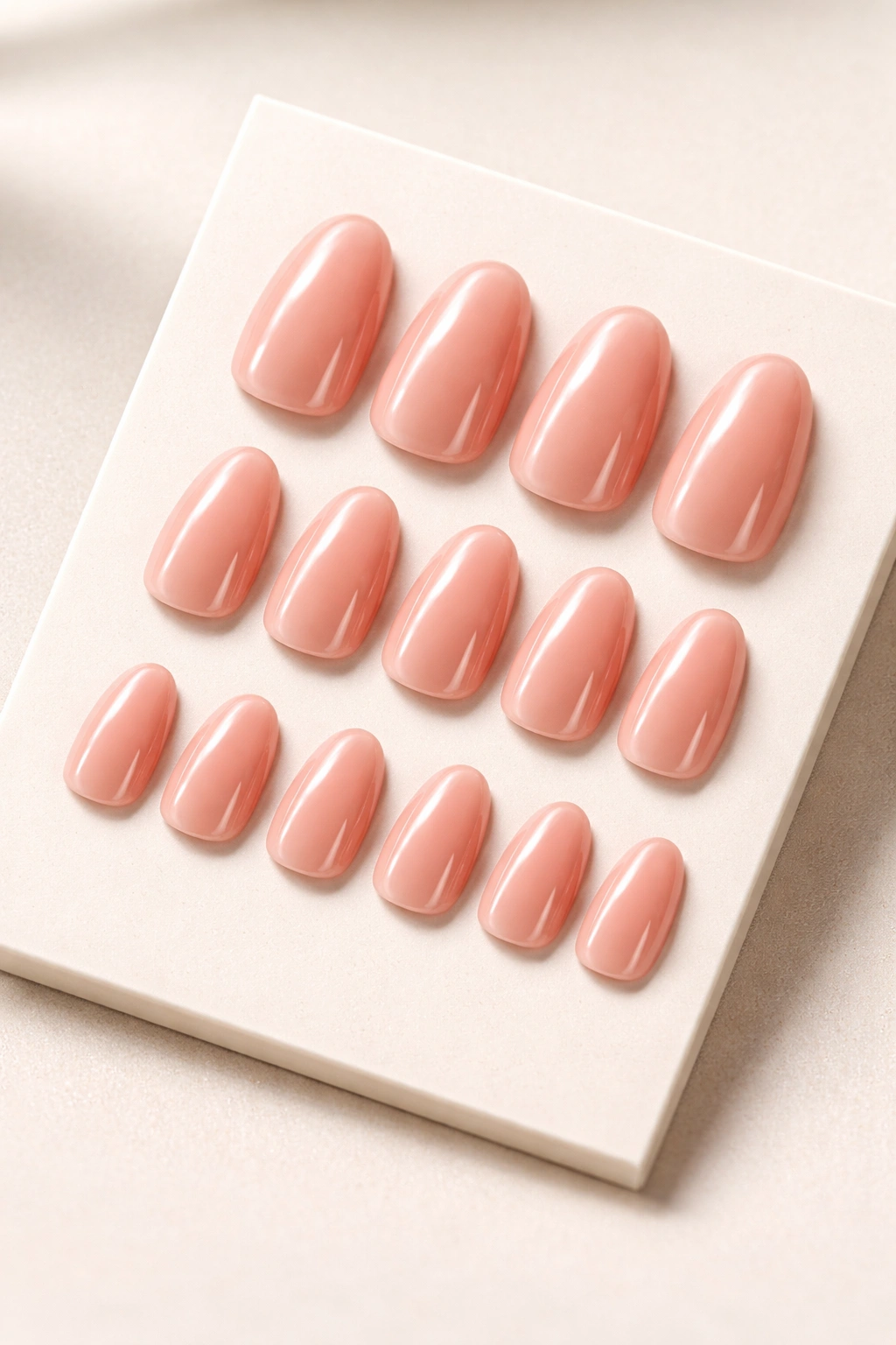 Glossy press-on nails laid out on a plain card, representing Static Nails Reusable Pop-On Manicure.