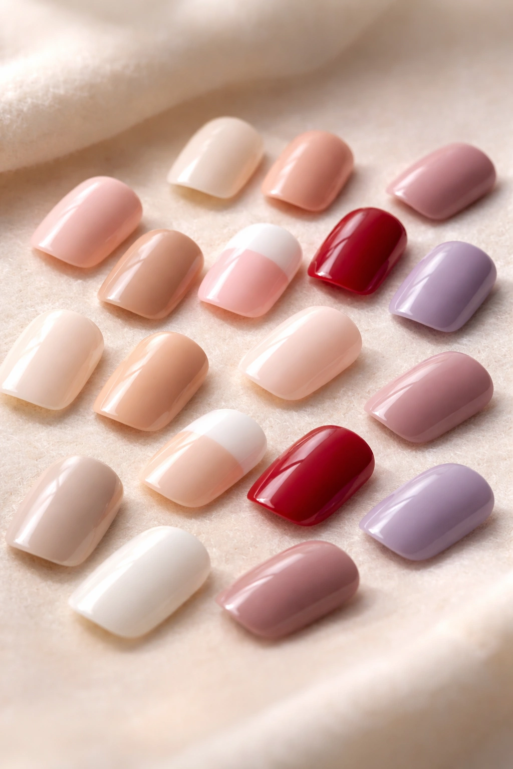 Close-up of Sally Hansen Complete Salon Manicure short squoval nails in various colors