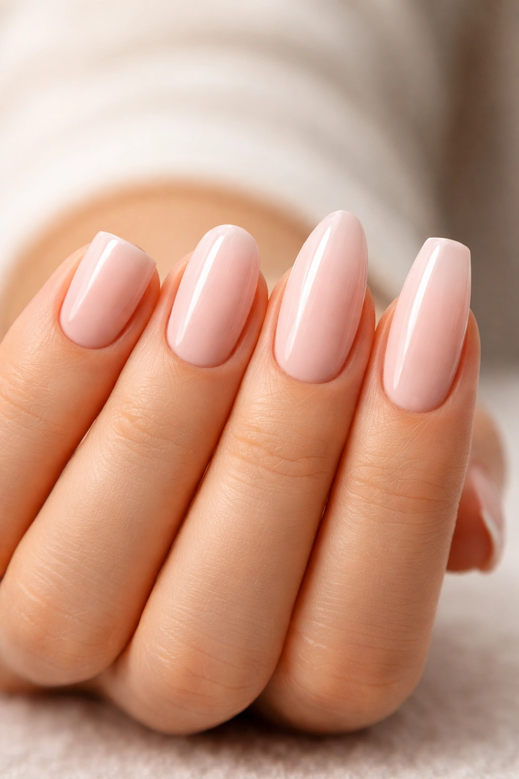 Hand with multiple press-on nail shapes on different fingers for testing