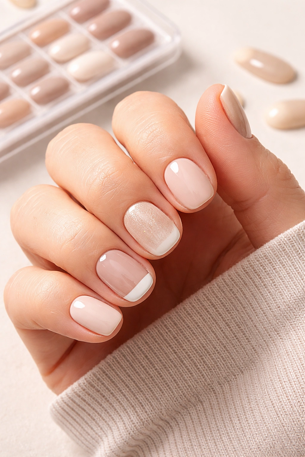Close-up of a hand with short press-on nails in a minimalist neutral design