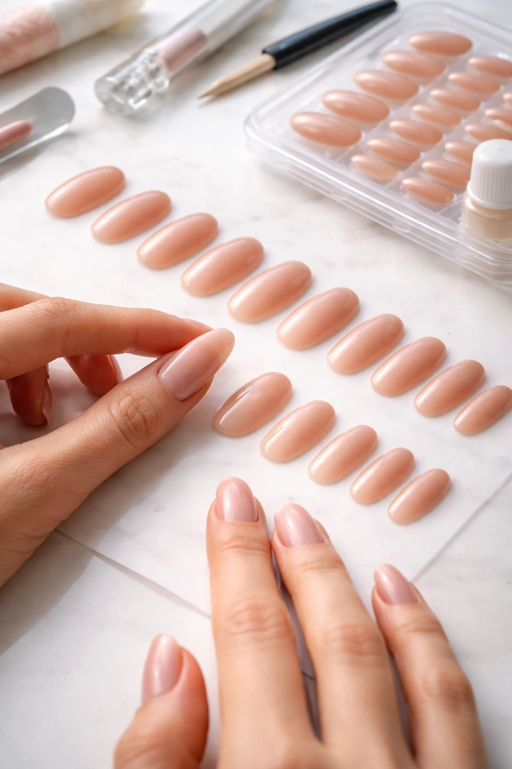 Assorted press-on nails laid out on a flat surface for sizing