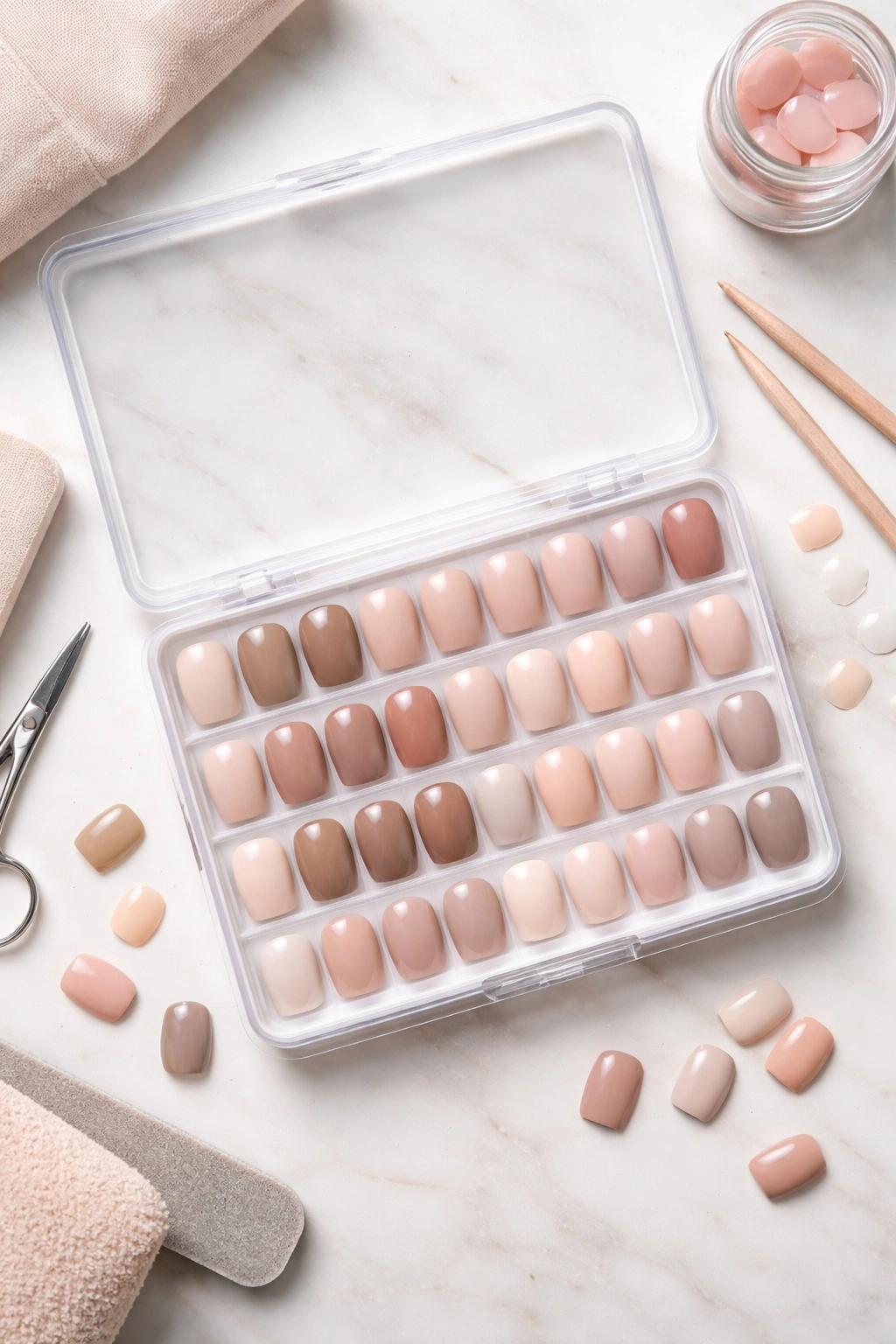 Top-down view of neatly arranged press-on nails in storage tray.