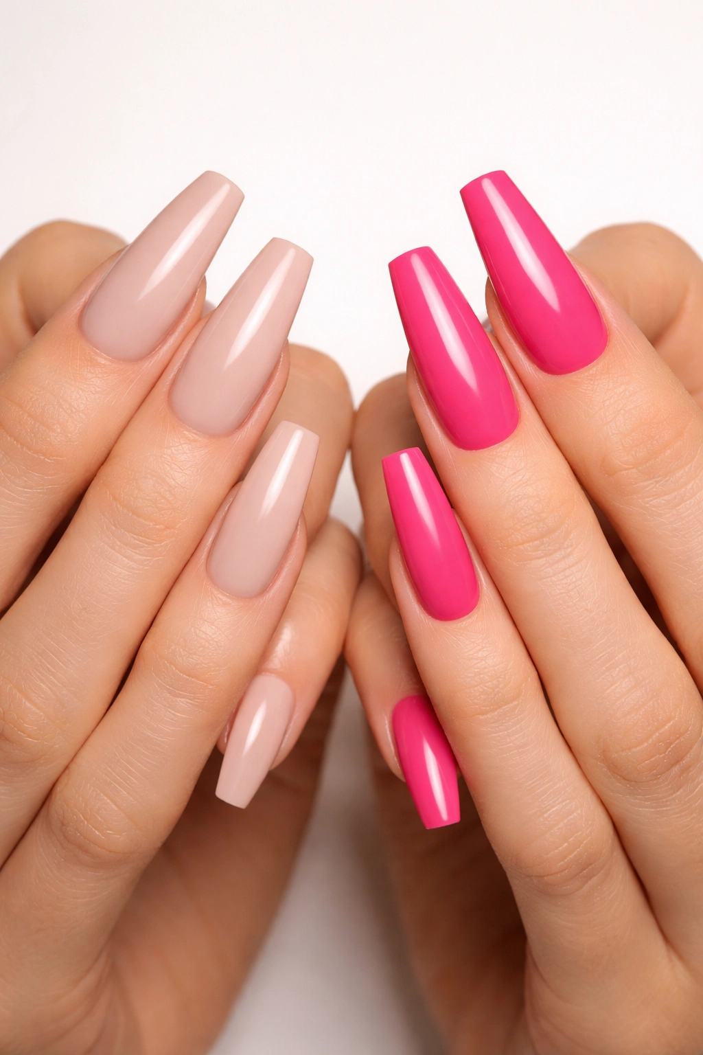 Hands wearing ballerina and coffin press-on nails side-by-side for shape testing
