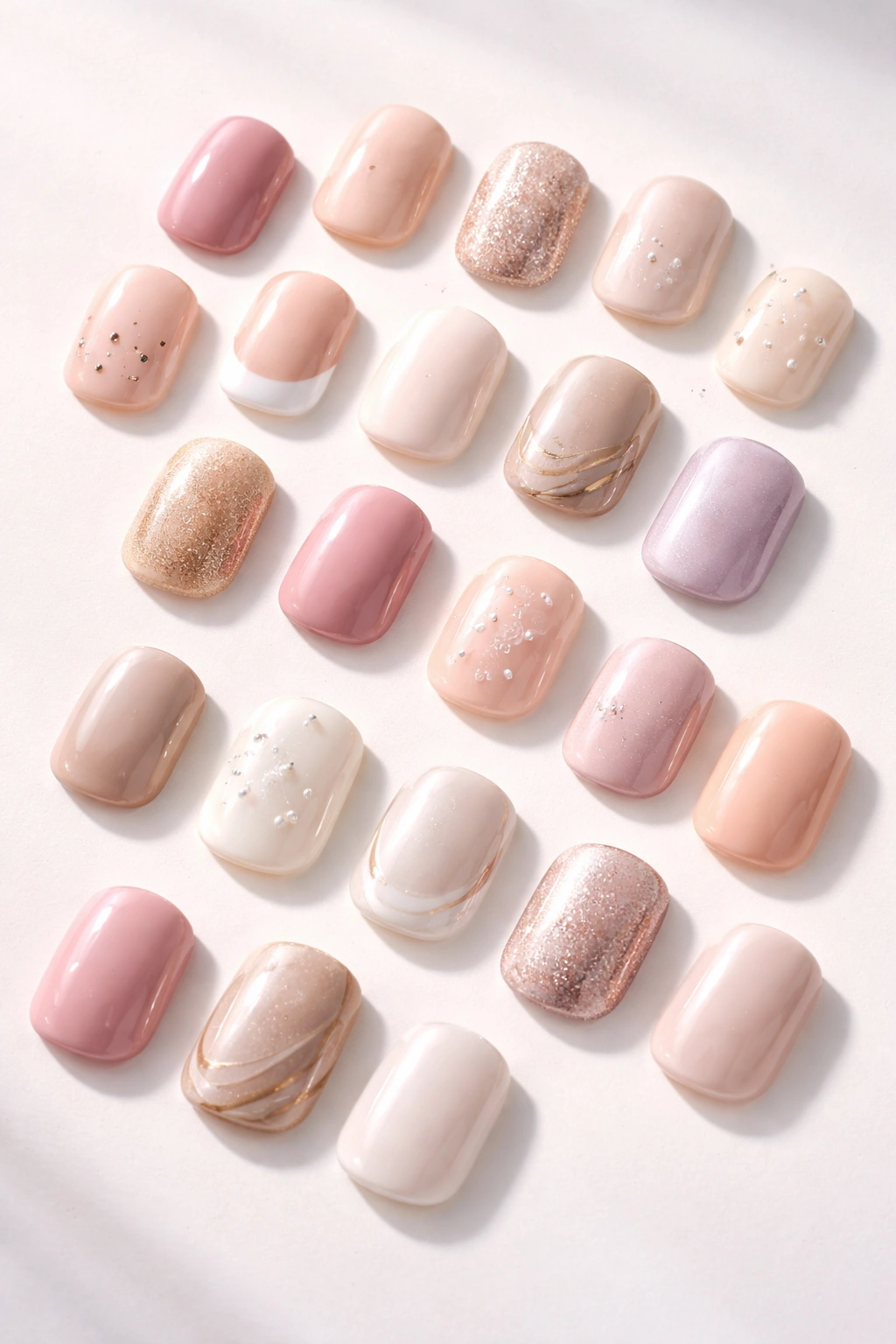 Flat lay of assorted short squoval press-on nails in different finishes.