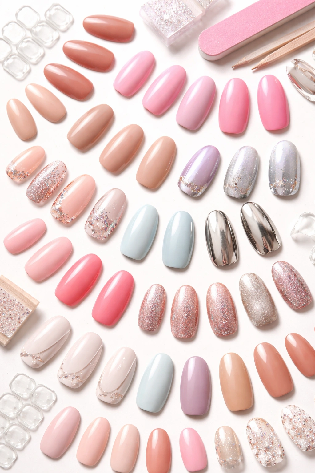 Flat lay of assorted press-on nails in various colors
