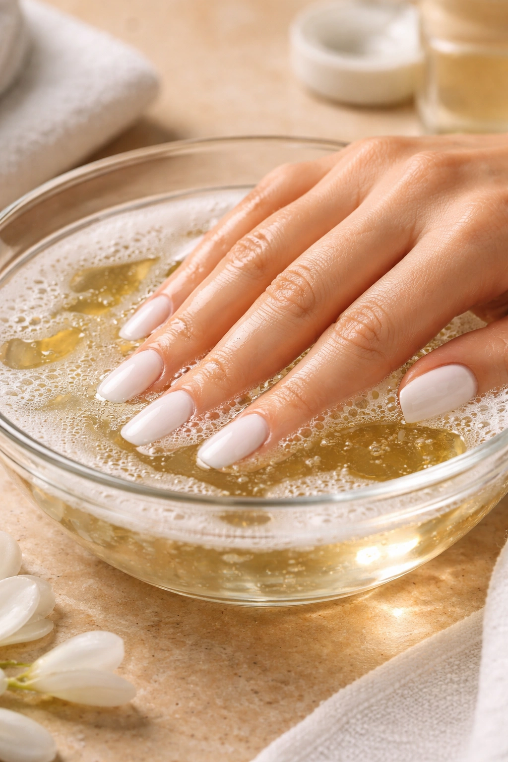 Hand soaking nails in warm water for safe press-on removal