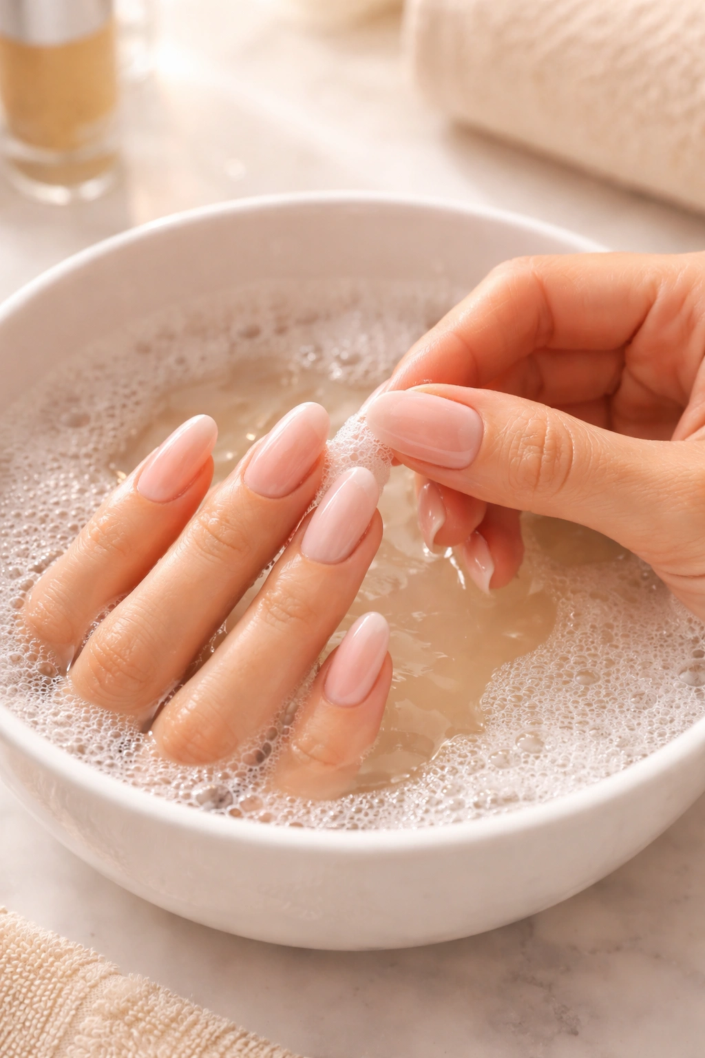 Hands removing press-on nails safely after soaking in warm soapy water
