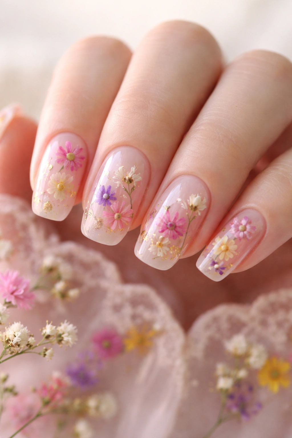 Close-up of clear gel nails with pressed flowers under the gel.