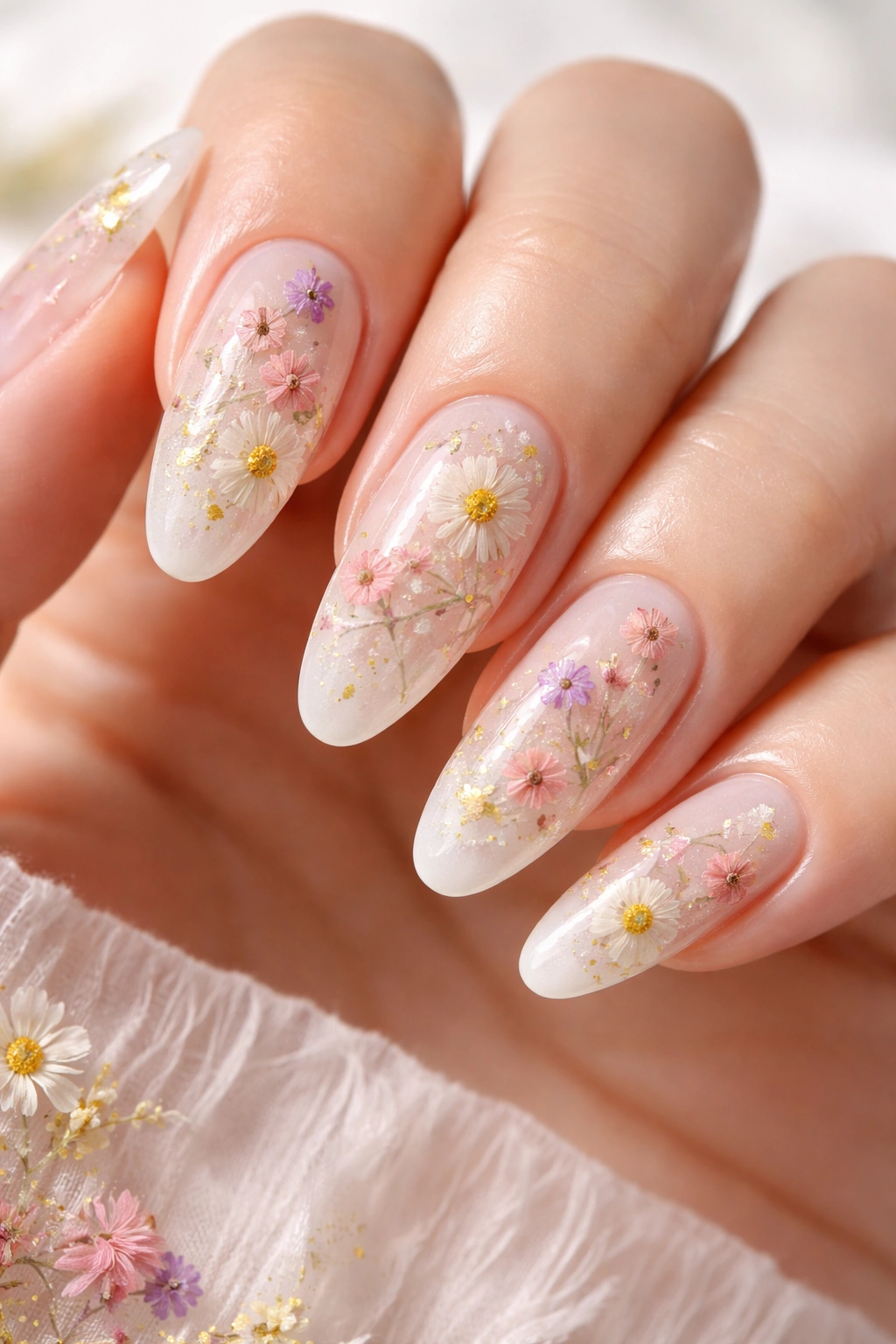 Close-up of long oval nails with pressed flowers under gel