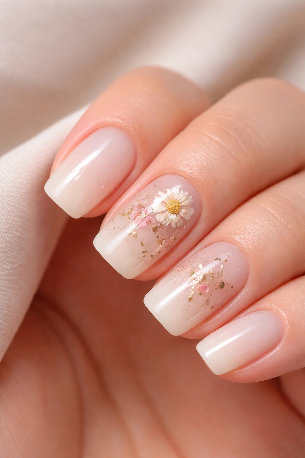 Nail with translucent white base and pressed flower visible under clear surface