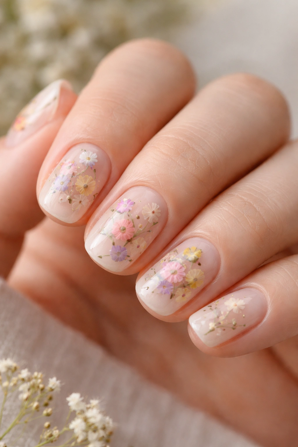 Short clear acrylic nails with tiny dried flowers sealed beneath