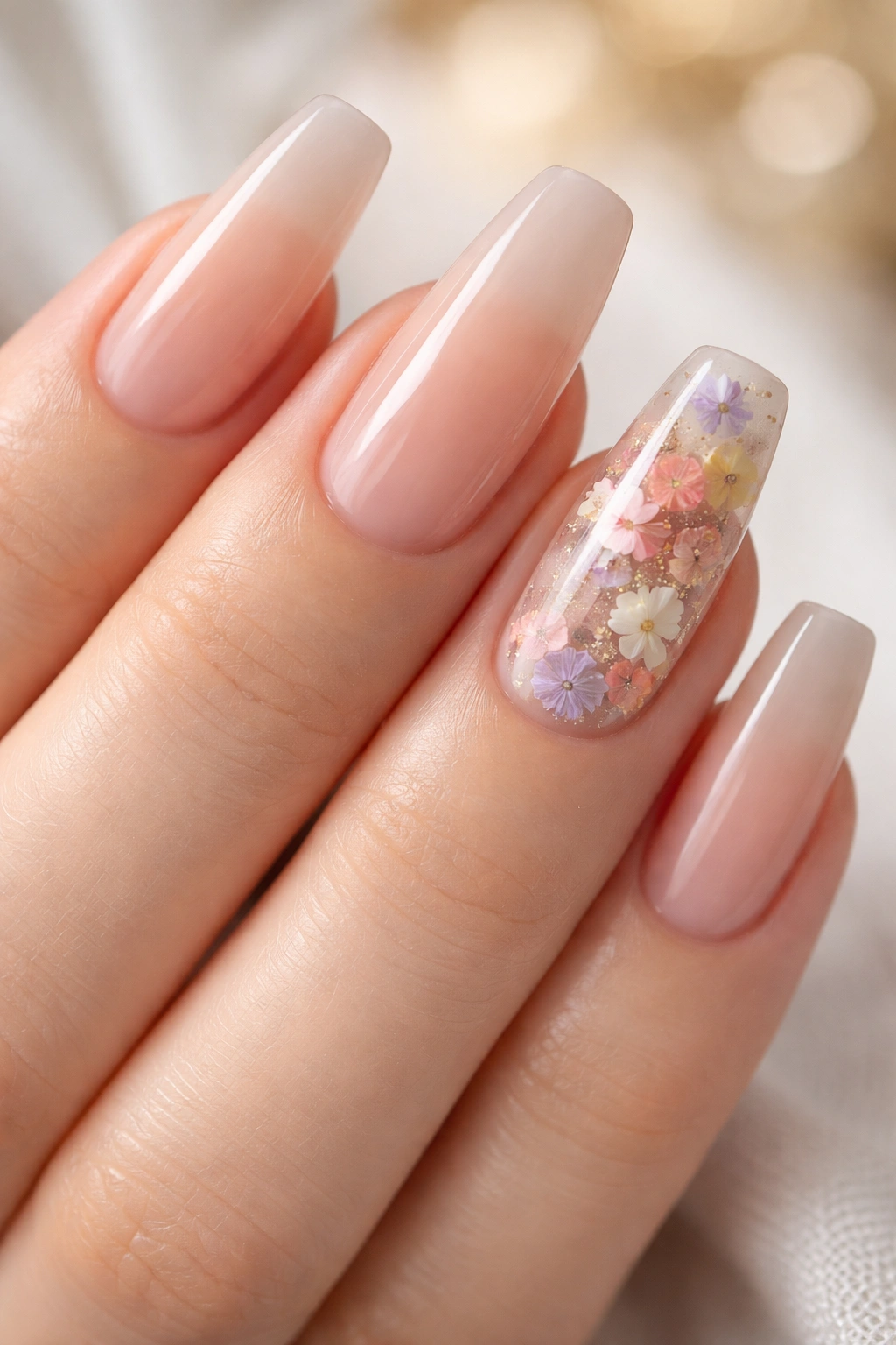 Nude nails with tiny pressed flowers encapsulated under clear gel on accent nails