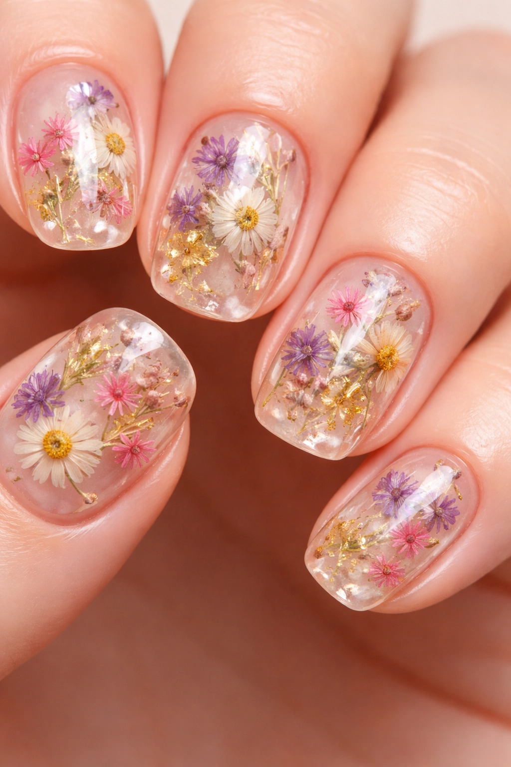 Nails with pressed flowers encapsulated in clear resin on short squoval nails
