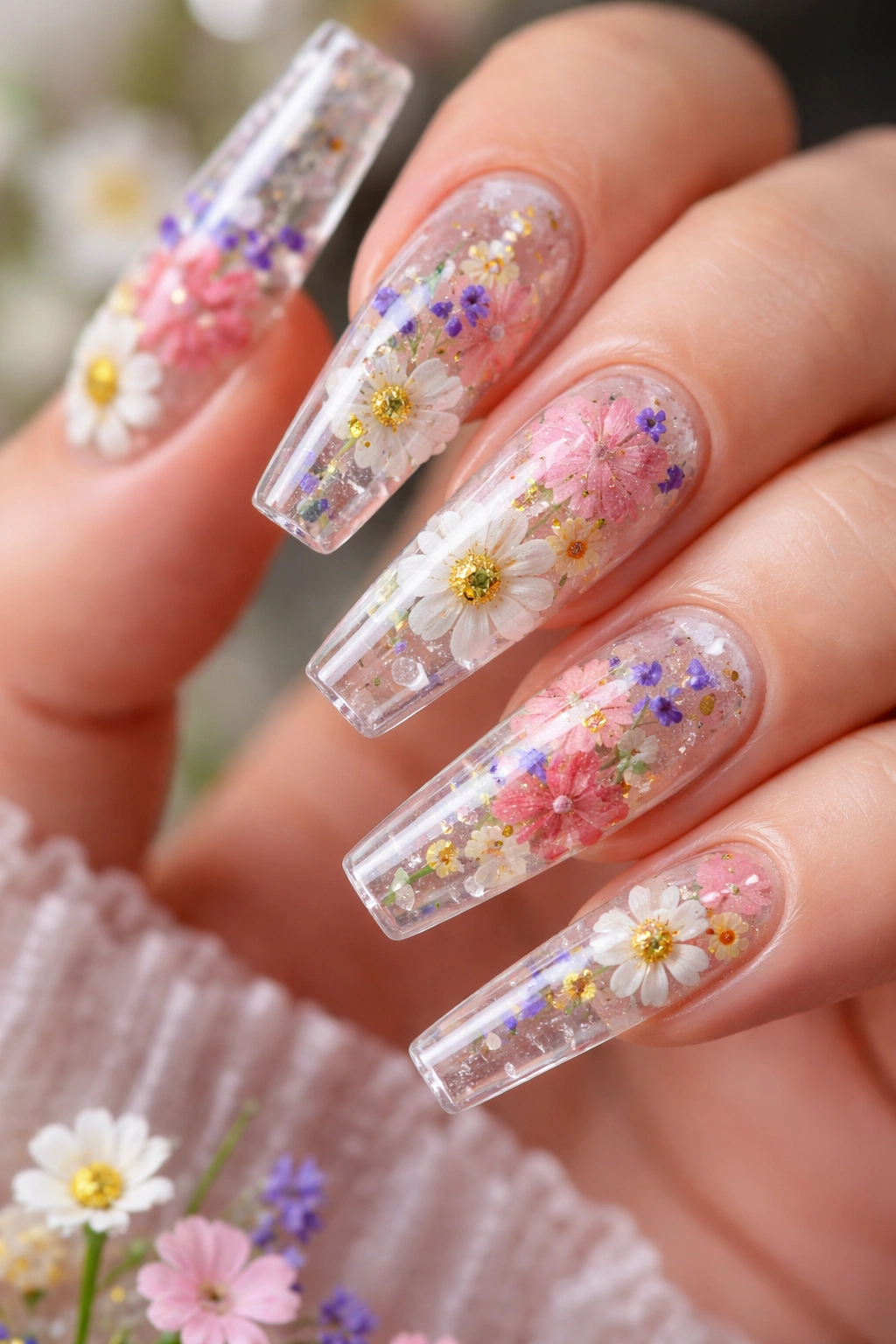 Coffin nail with real pressed flowers sealed in clear resin