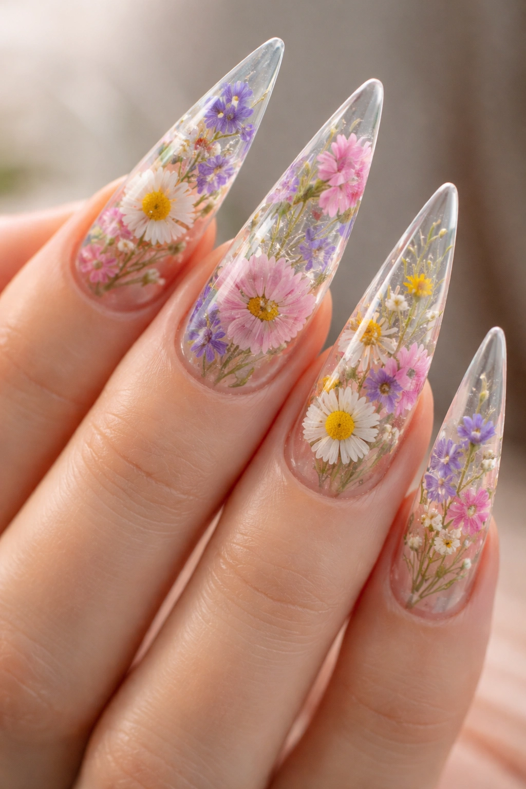 Clear resin nails with pressed flowers creating a 3D effect on stiletto nails