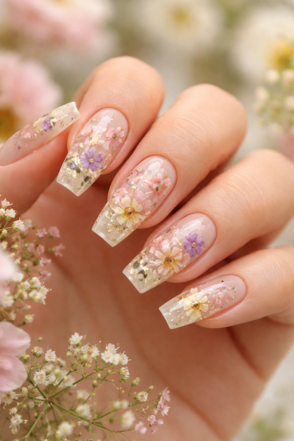 Coffin nails with pressed flowers under clear topcoat