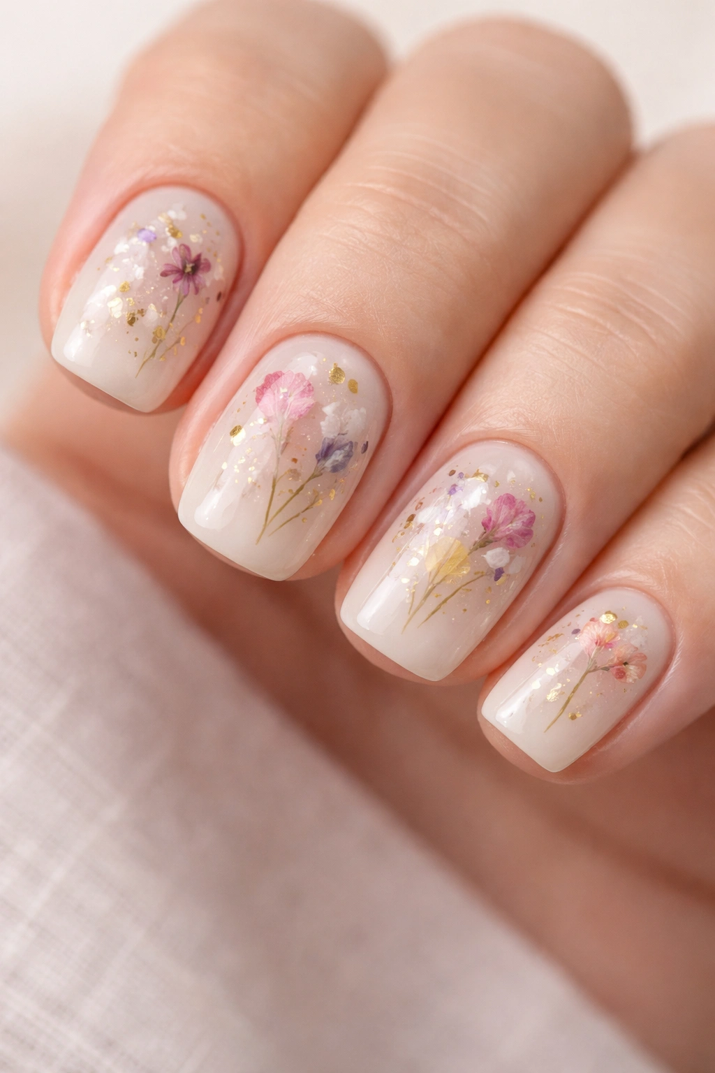 Cream nails with pressed flowers encapsulated in gel for a delicate botanical look.