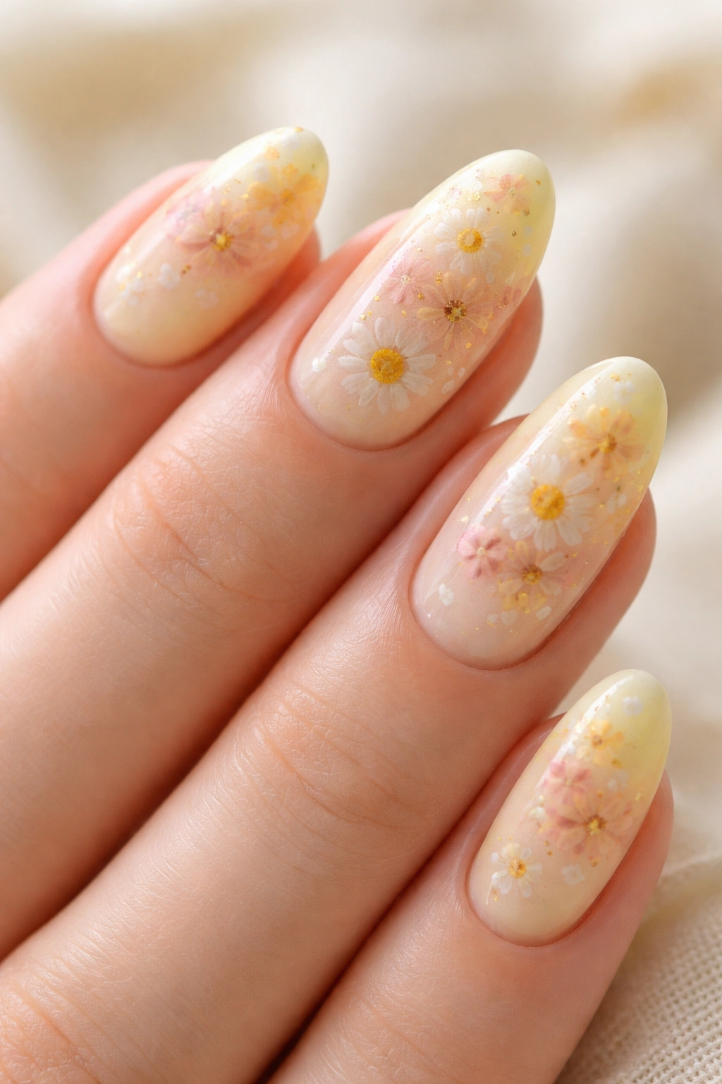 Close-up of pressed flowers embedded on short almond nails with soft yellow base.
