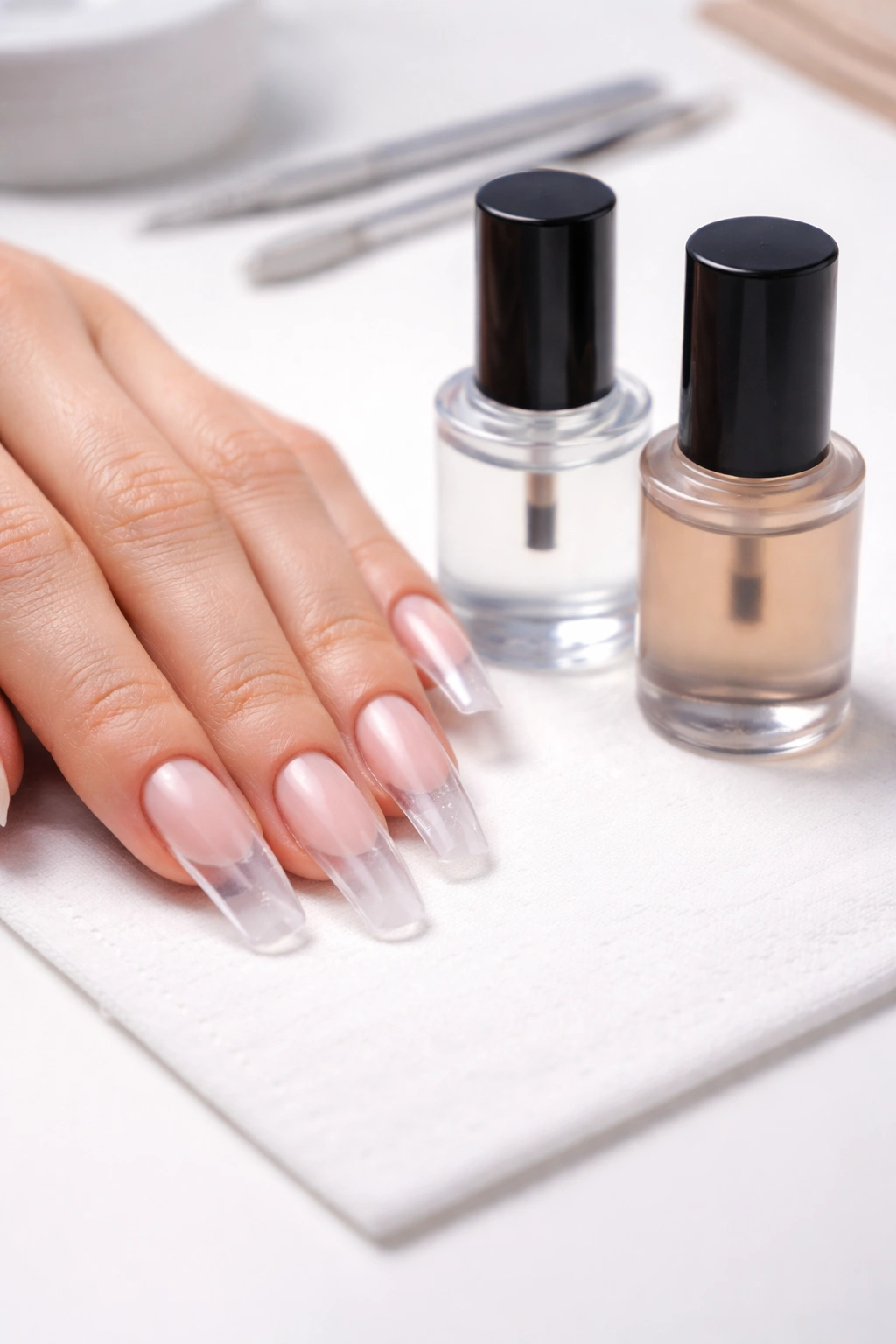 Nails with tips and unlabeled primer and dehydrator bottles in background