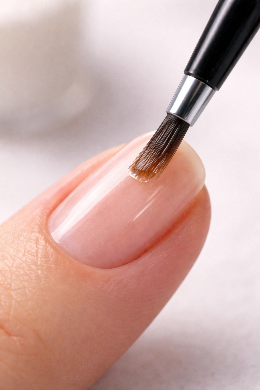 Nail with primer being applied for gel adhesion