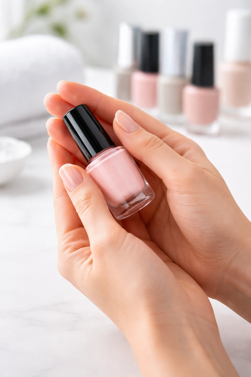 Hands rolling nail polish bottle, illustrating pro thinning technique