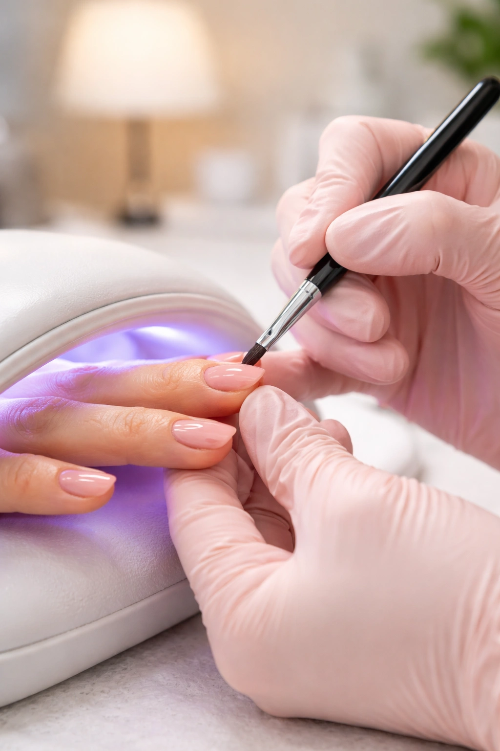 Nail technician applying thin layer of product under a lamp