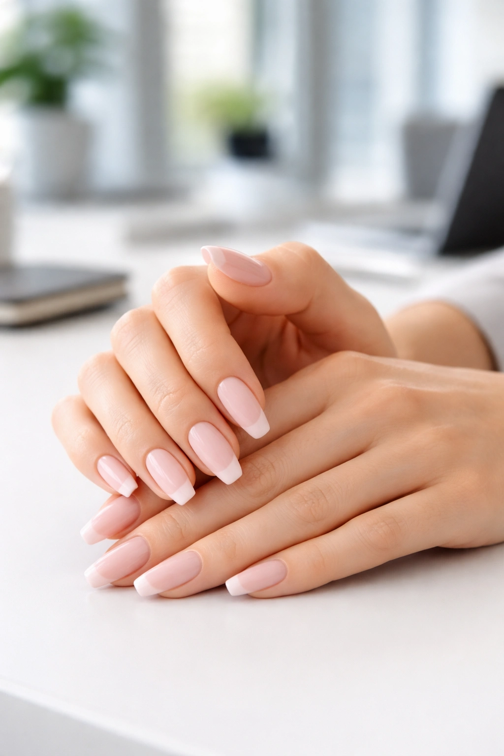 Close-up of hands with classy ballerina nails in a professional tone against a blurred office backdrop