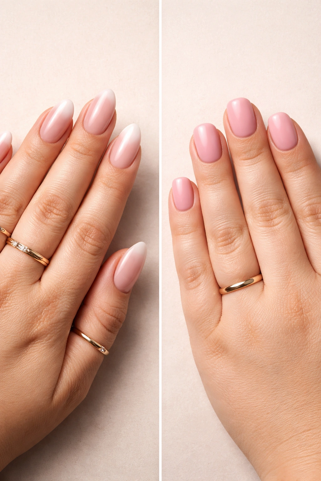 Two hands showing salon-polished nails and DIY nails side by side