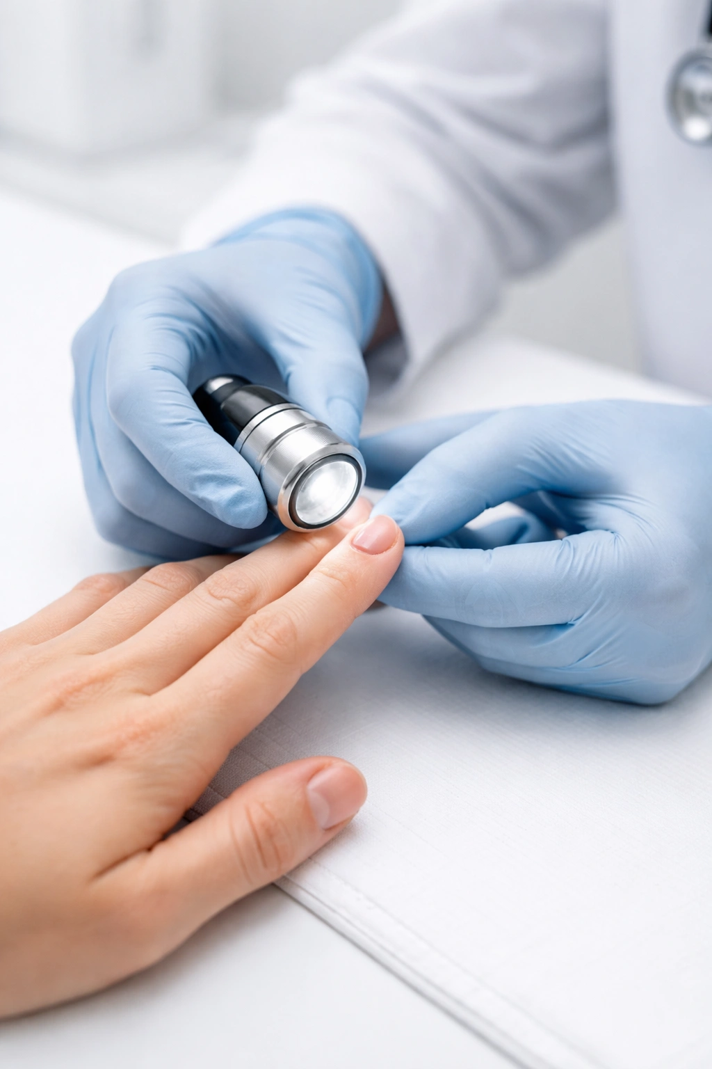 Close-up of a clinician's gloved hands examining nails on a white clinical surface