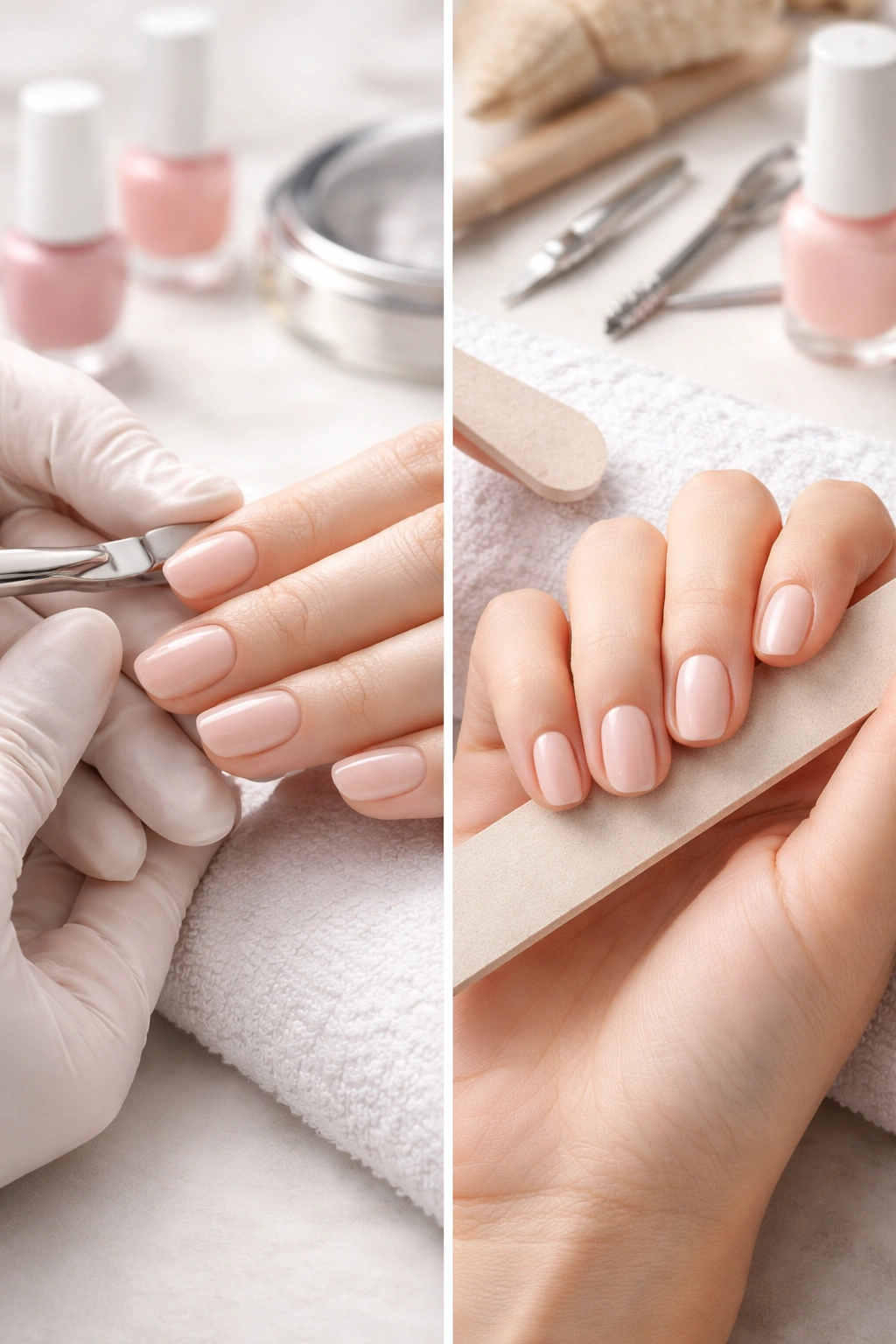 Hand with impeccably shaped short nails showing professional care finish