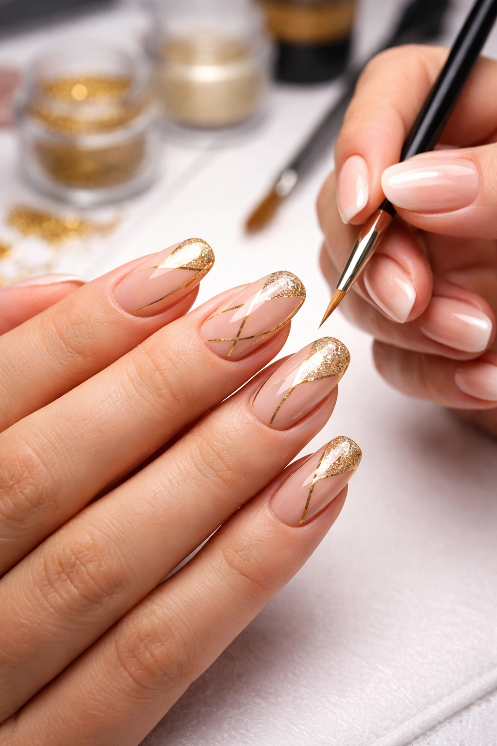Nude base nails with gold geometric accents and glitter tips