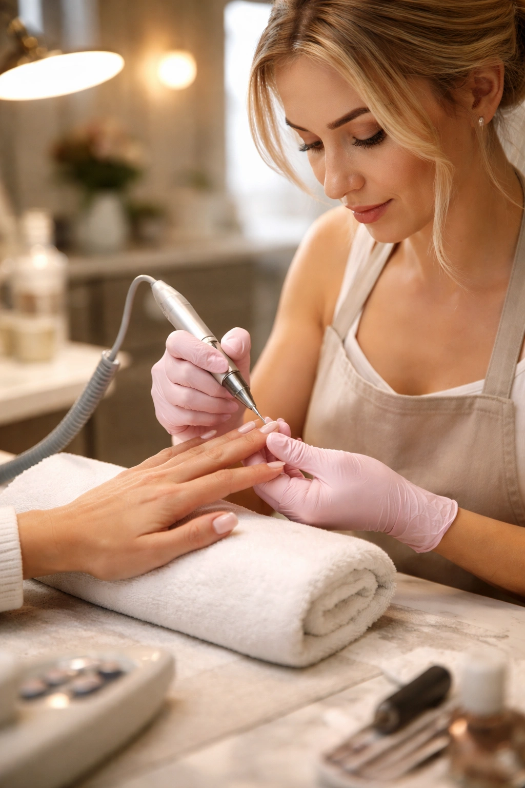 Professional nail technician performing acrylic removal in a salon