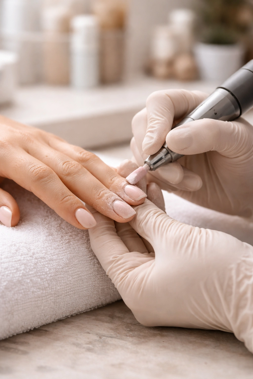Nail technician performing professional dip removal on a client's nail