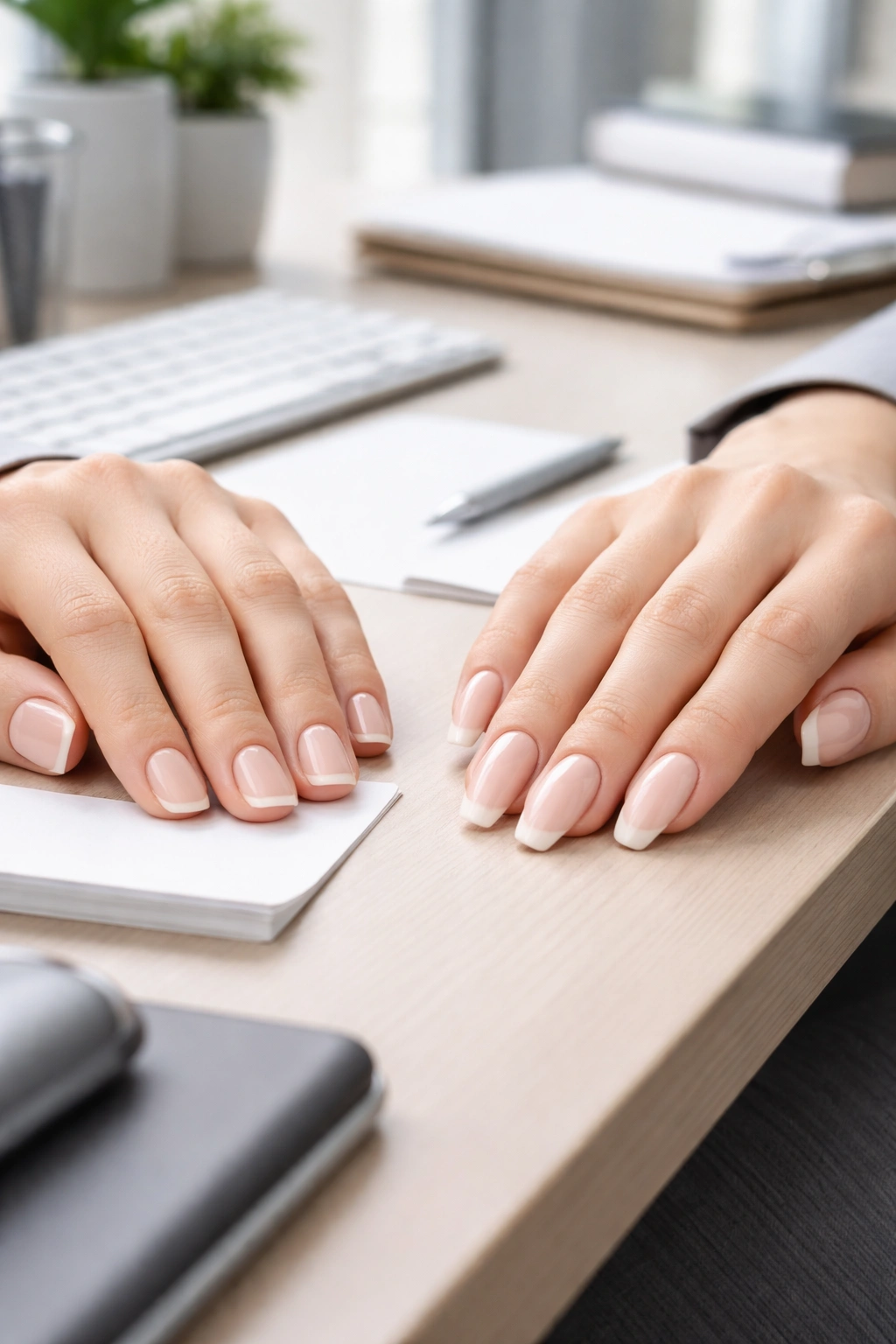 Neatly manicured hands in a professional office setting