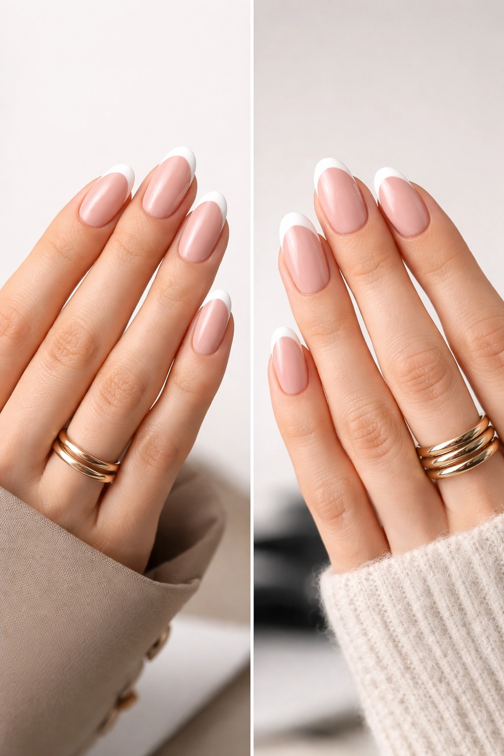 Two hands showing professional delicate French tip nails and bold personal style nails on neutral background