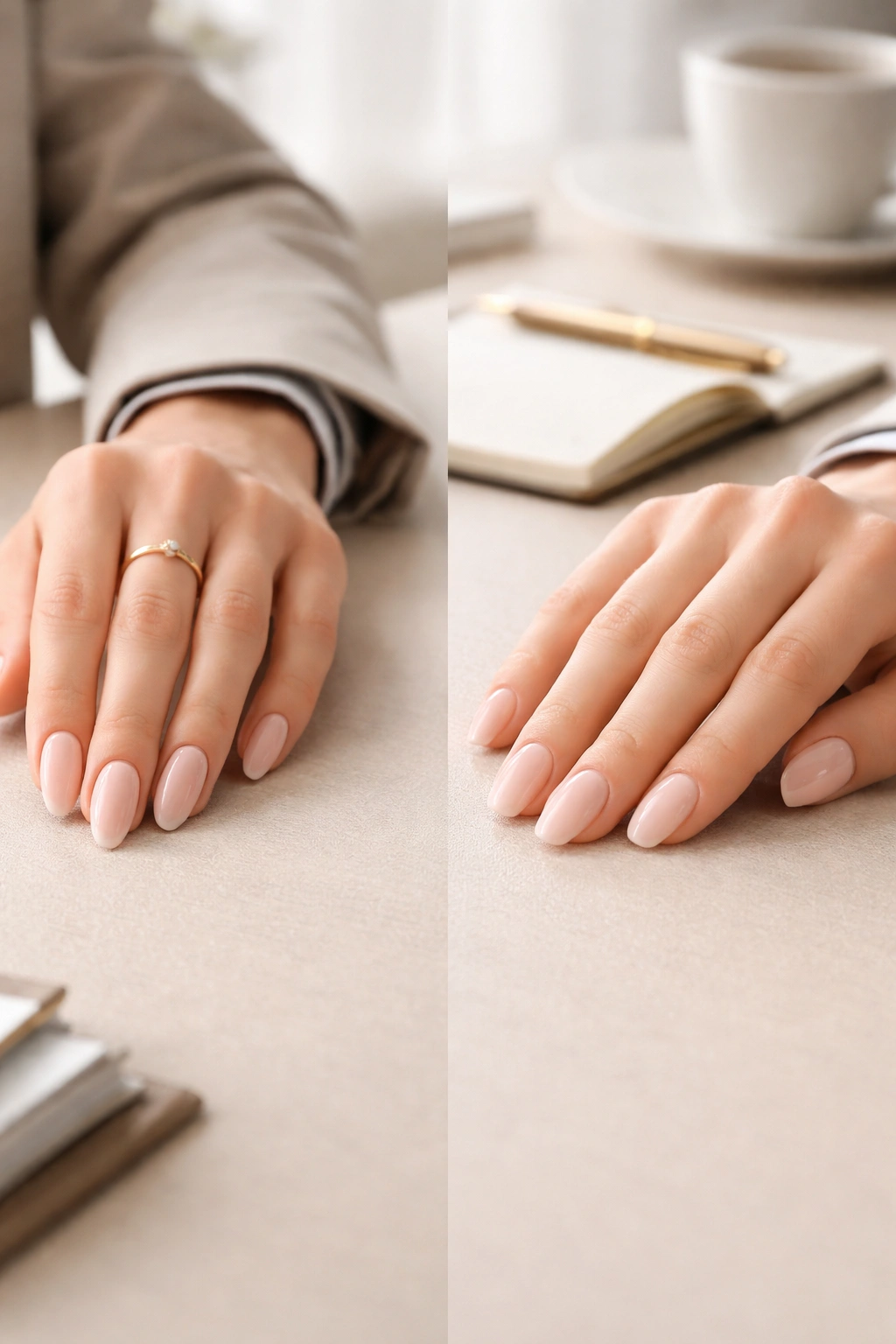 Close-up of professional hands with almond nails in a workplace setting