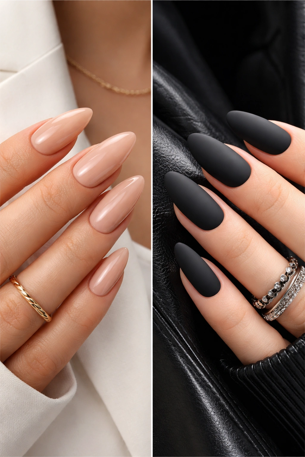 Glossy nude nails vs matte dark nails illustrating professional vs fashion-forward vibes