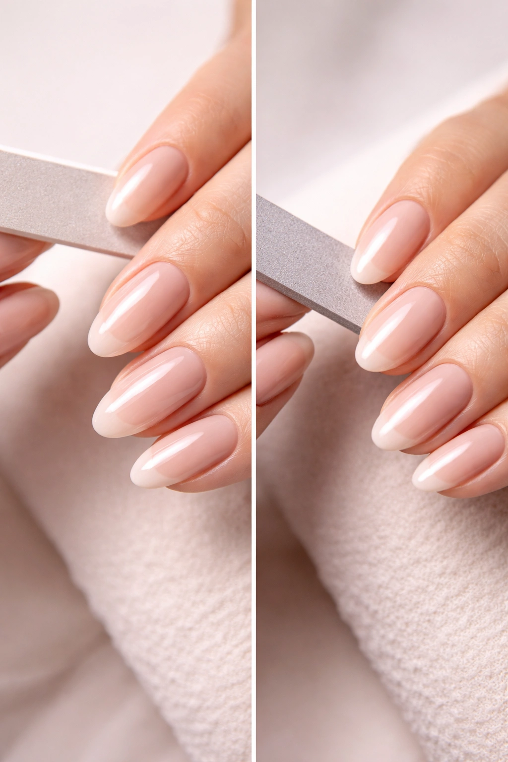 Hand with nails showing a glossy professional finish contrasted with a less uniform DIY-like finish.