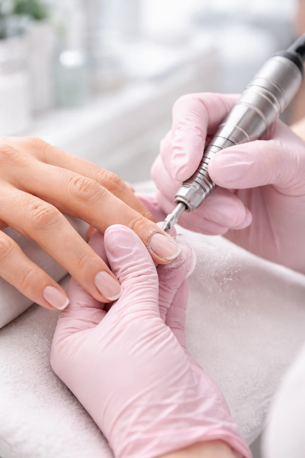 Nail professional performing dip powder removal in a salon