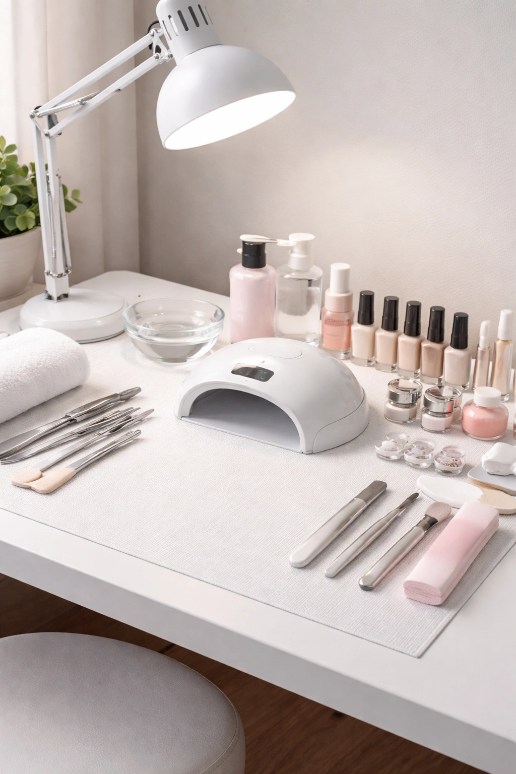 Clean organized manicure workspace with protective cover and arranged supplies