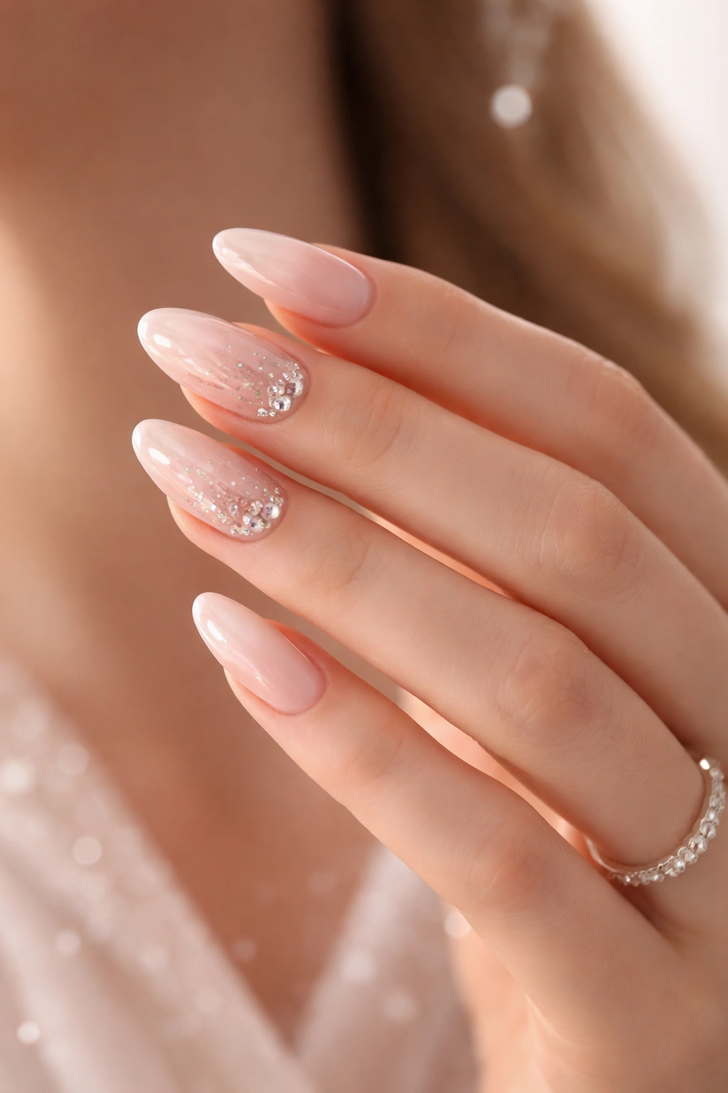 Close-up of long oval nails on a hand in a thoughtful pose with studio lighting