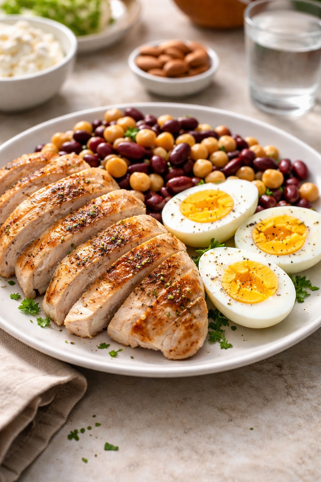 Plate of protein rich foods emphasizing protein intake