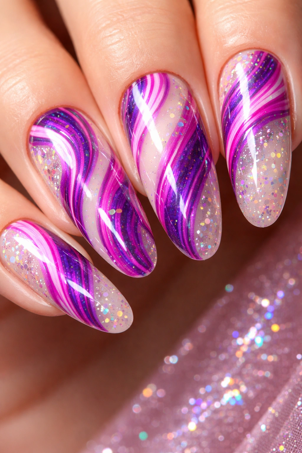 Nails with purple and pink swirls and holographic flakes close-up.