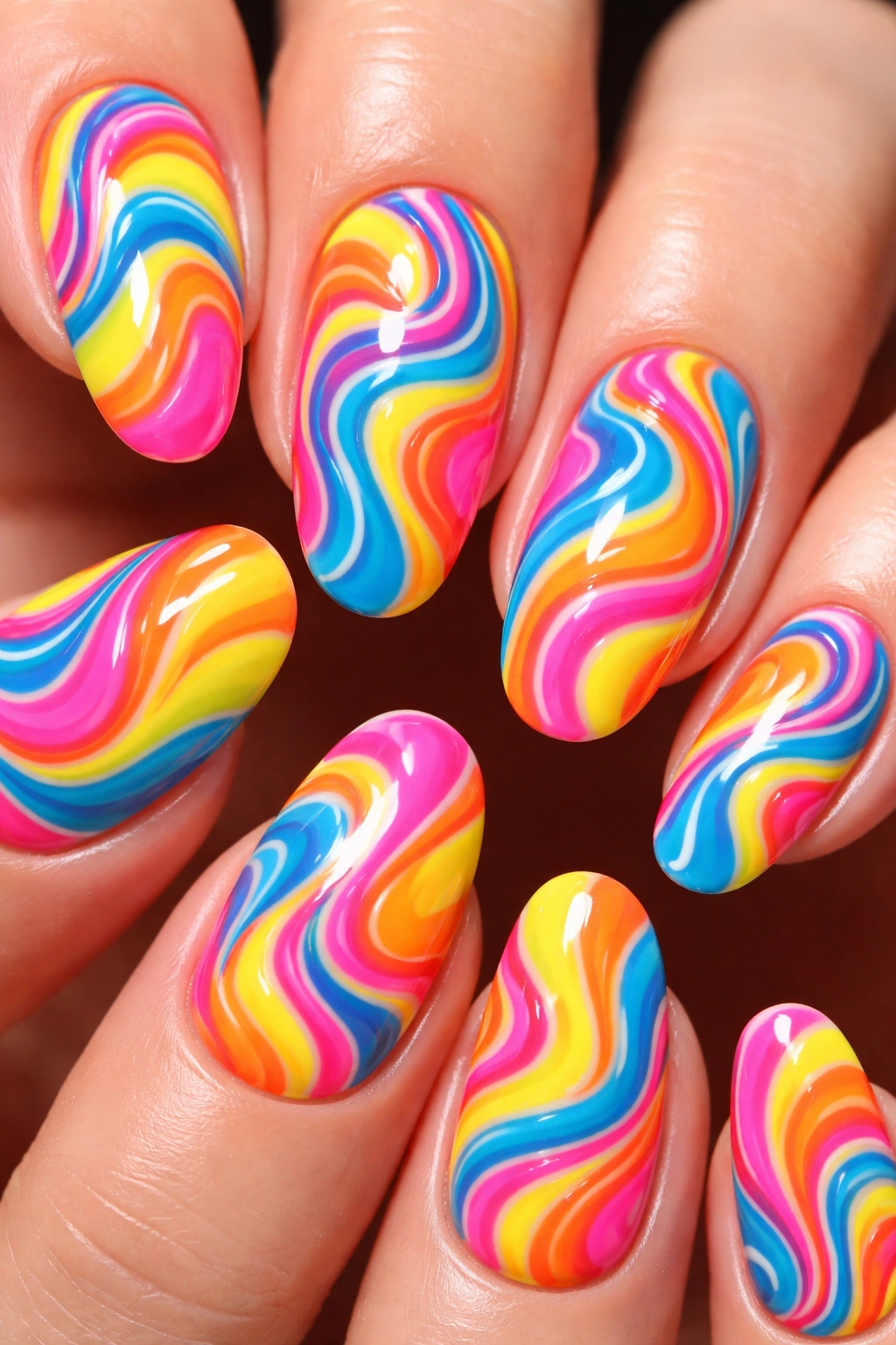 Close-up of neon pink, electric blue, and orange psychedelic swirl nails on a neutral background