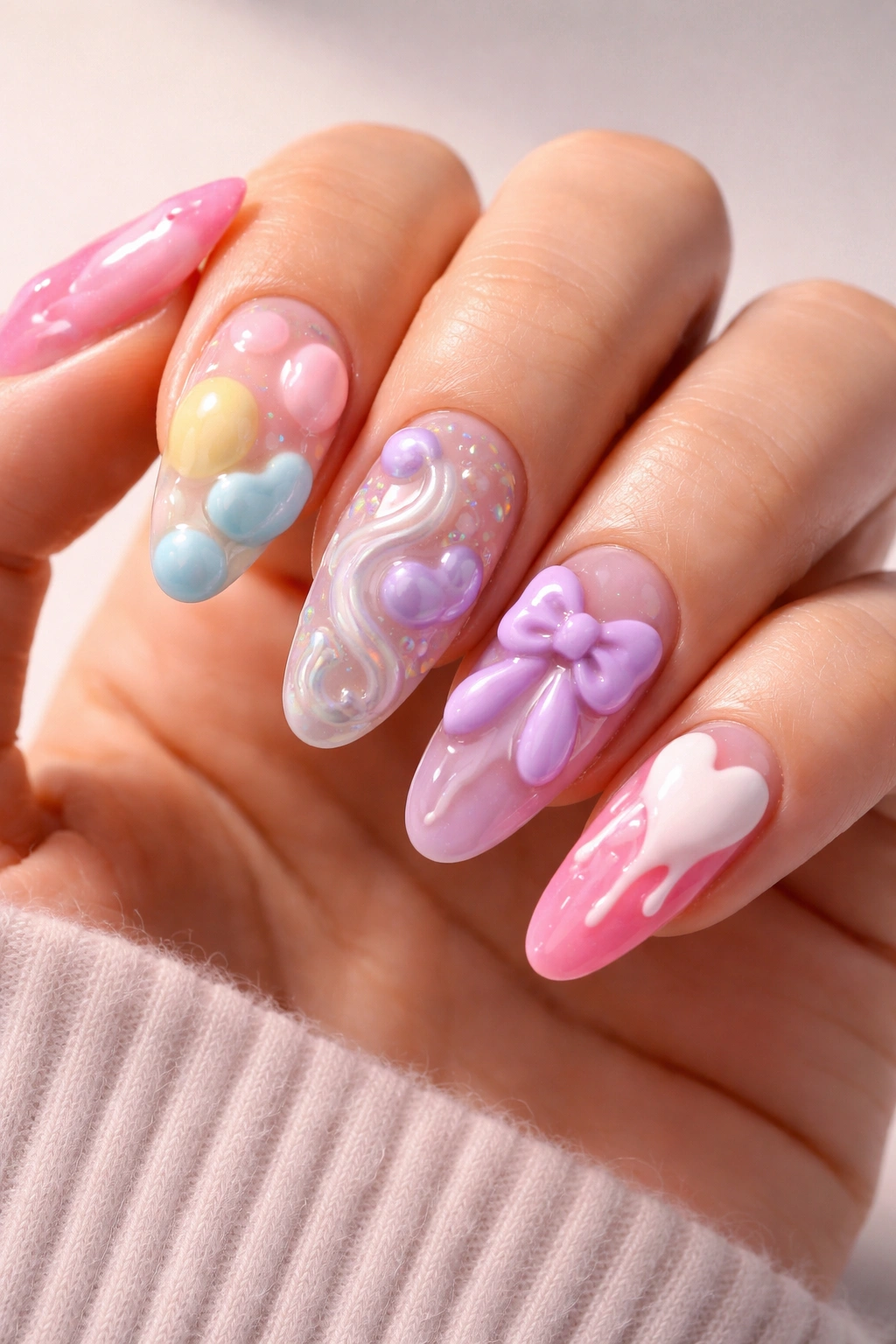 Close-up of puffy nails with thick textured 3D layers