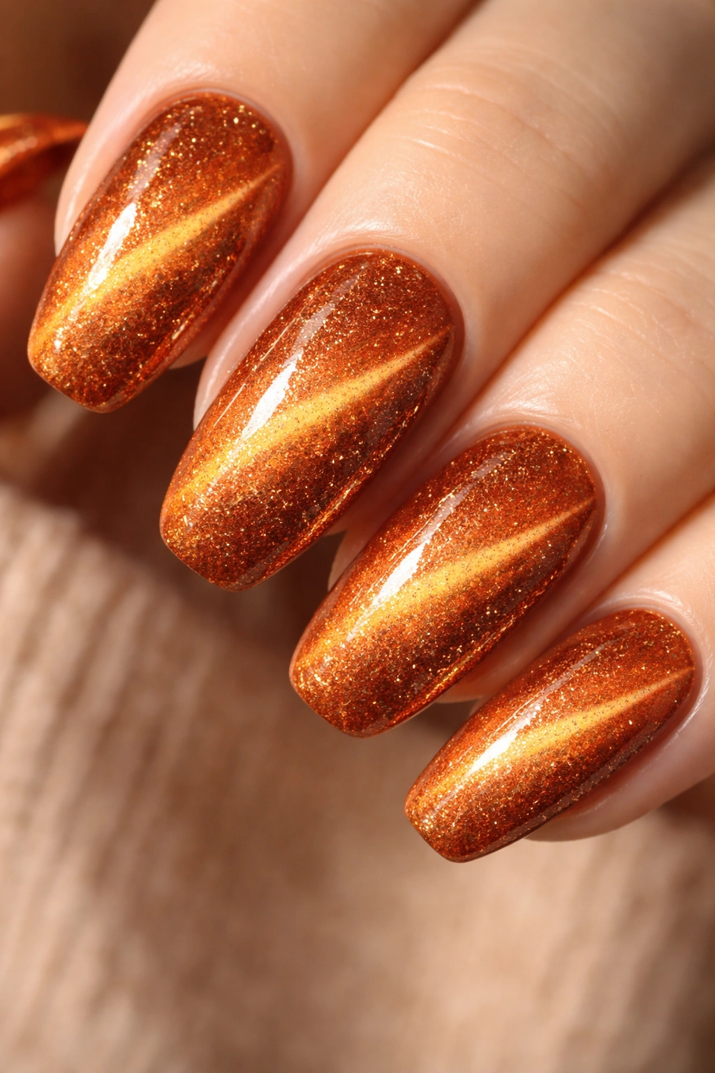 Pumpkin orange nails with cat-eye shimmer and copper glitter under warm lighting