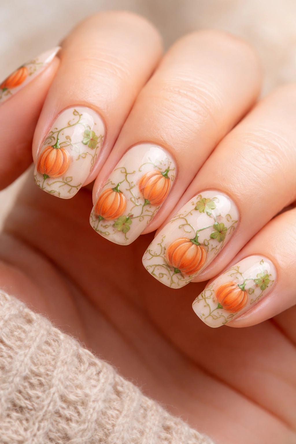 Close-up of nails with abstract pumpkin shapes in orange tones and green vines on a cream base
